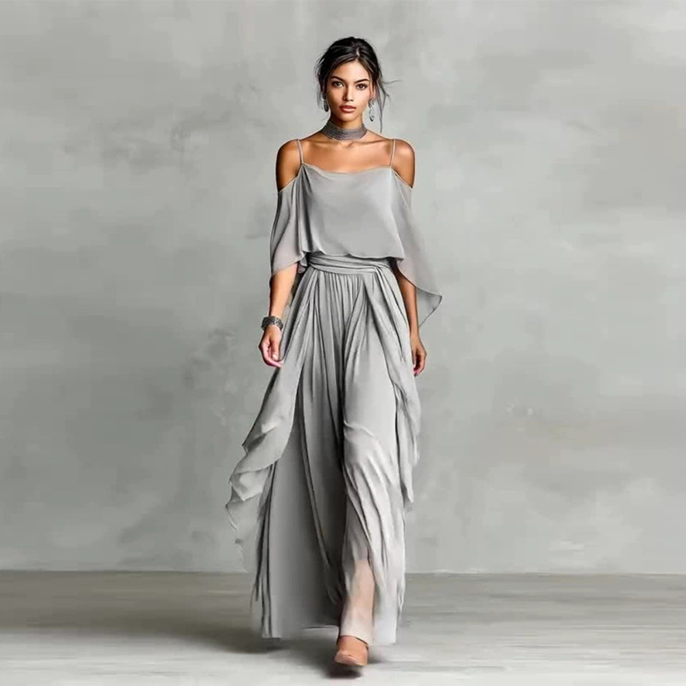 Forever 21 Summer Elegant Simple Gray Off-Shoulder Ruffle Set